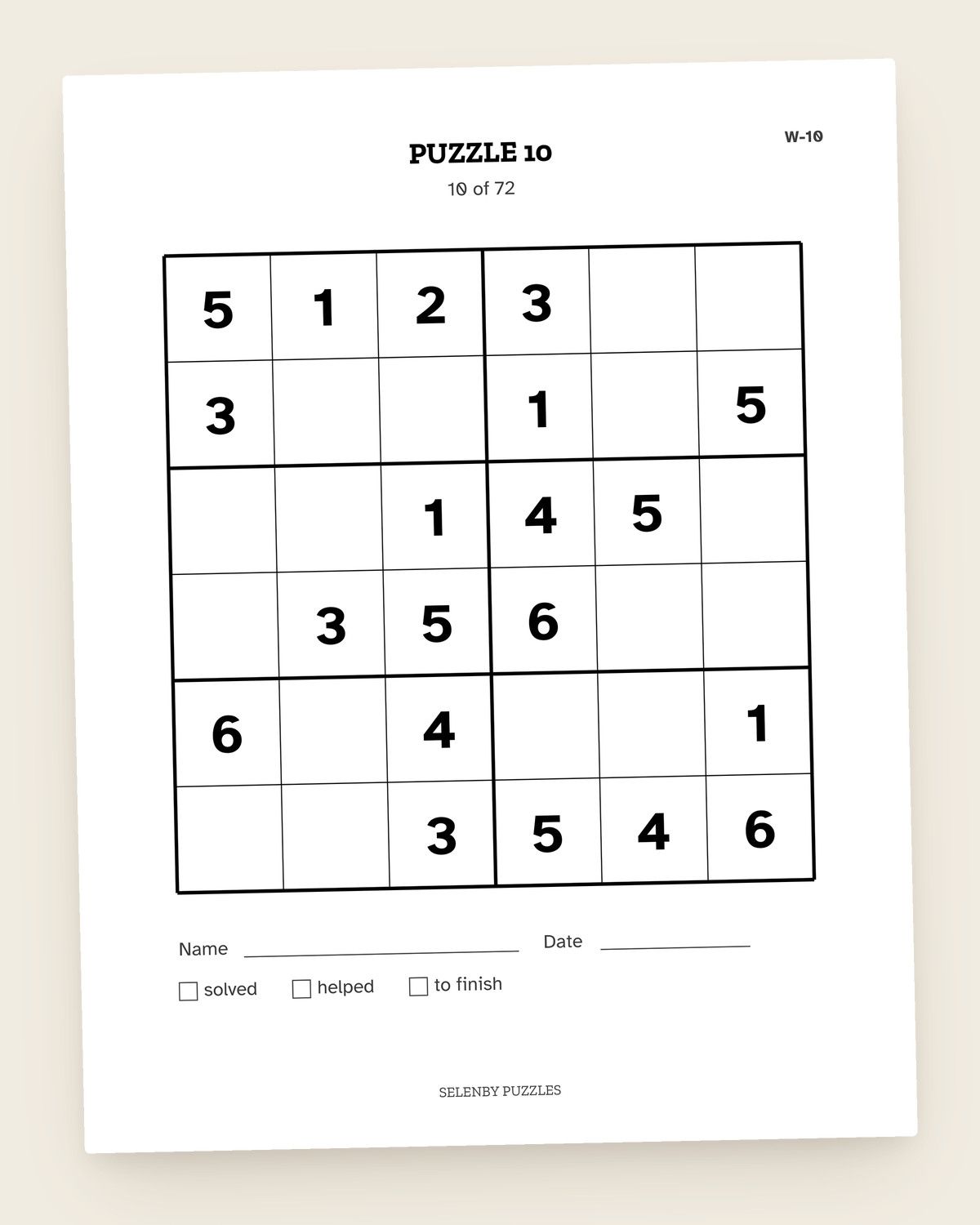6x6 Mini Sudoku: a page from the printable