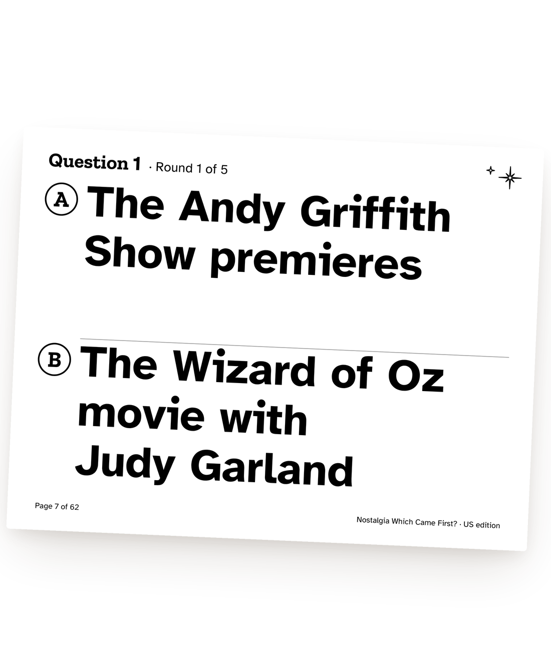 A large print card from Which Came First for older adults: The Andy Griffith Show premieres, or The Wizard of Oz movie with Judy Garland?