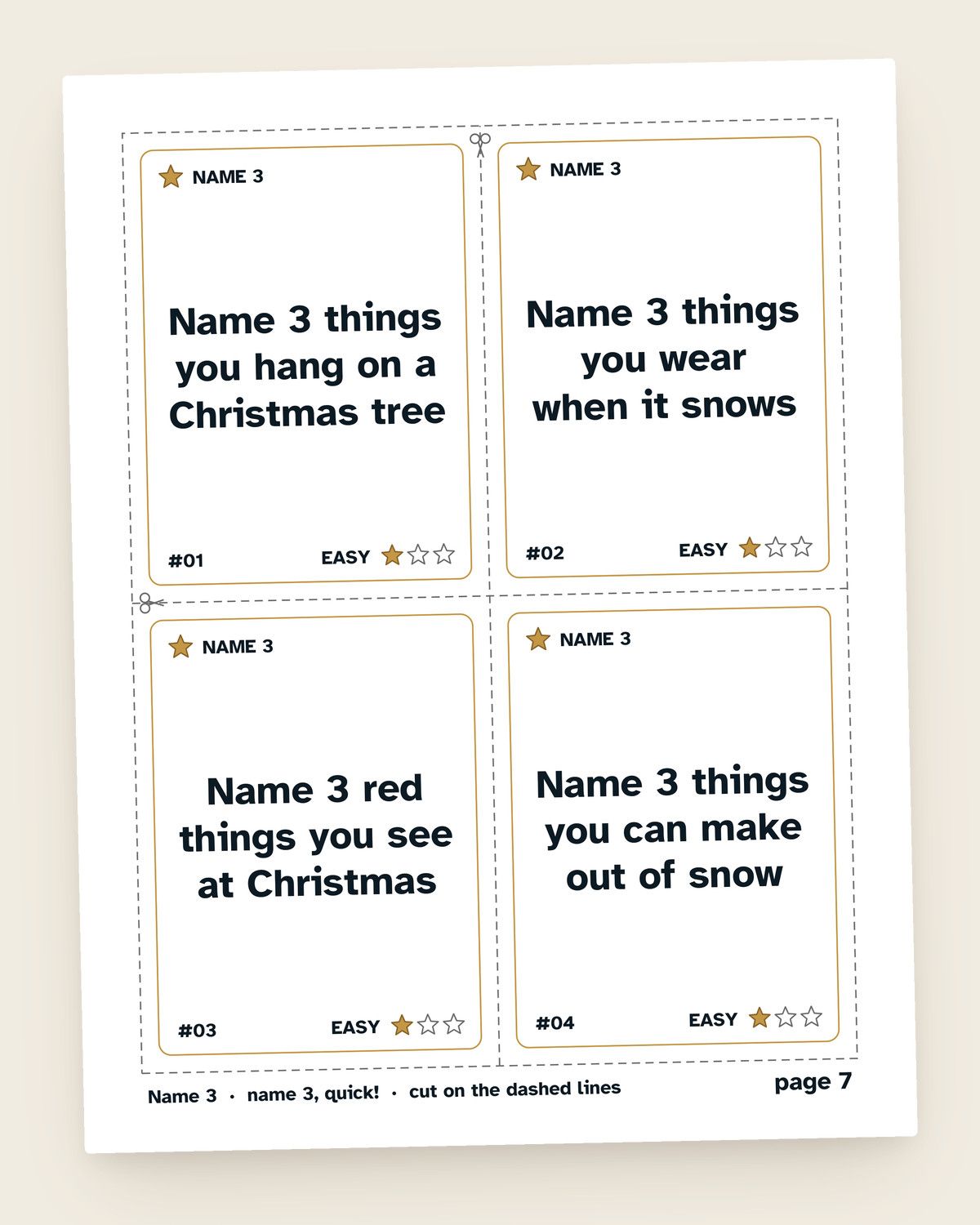 Christmas Name Three Things: a page from the printable
