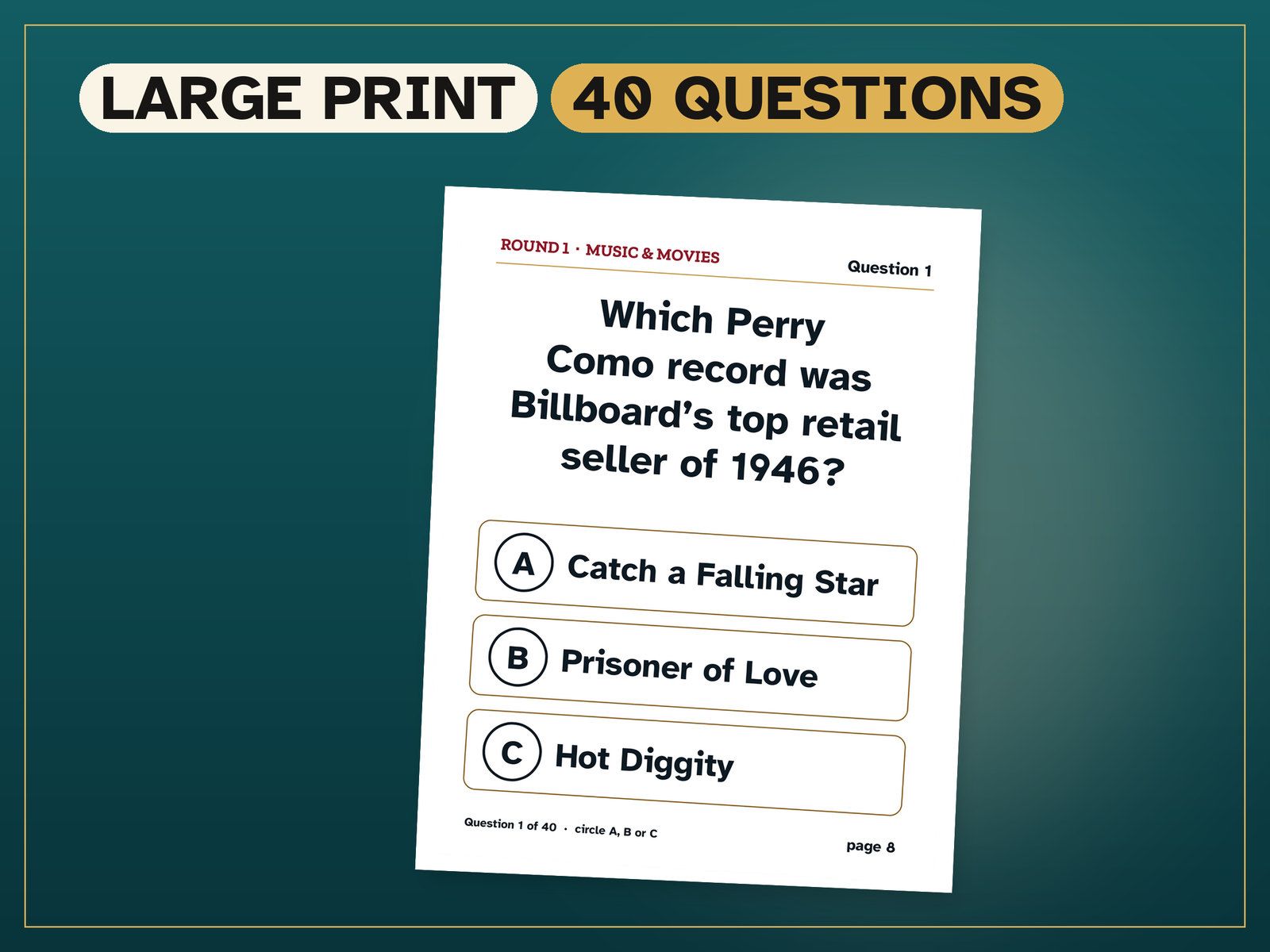 A question page from 1946 Trivia: Which Perry Como record was Billboard’s top retail seller of 1946?