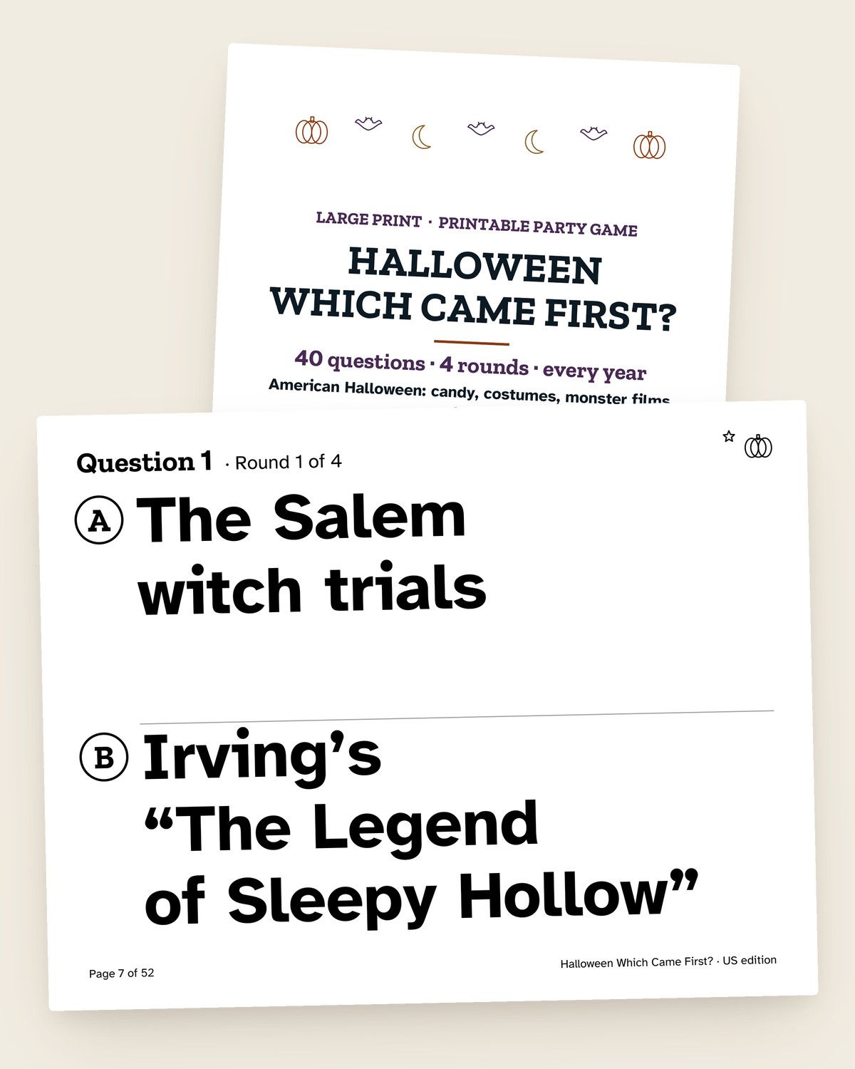 Halloween Trivia: Which Came First: pages from the printable