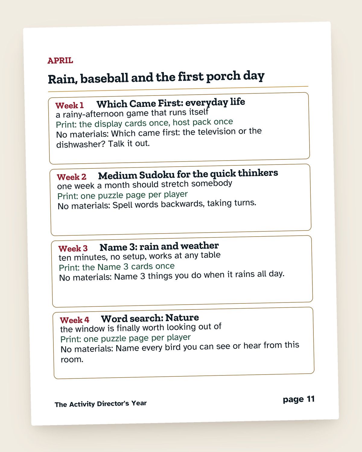 Activity Calendar for Senior Communities: a page from the printable