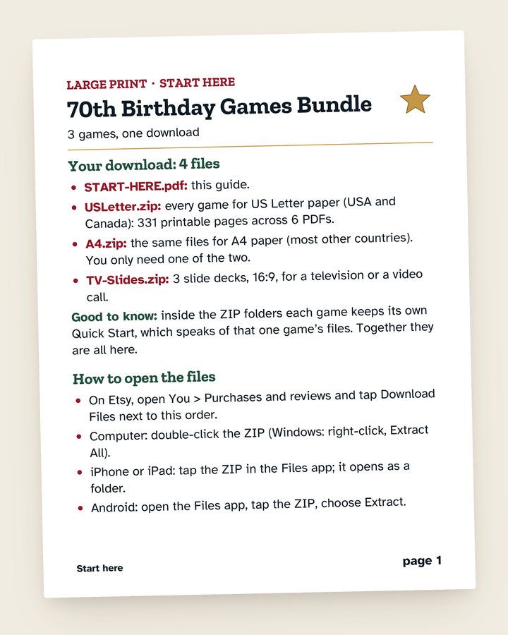 70th Birthday Games Bundle, Born in 1957: a page from the printable