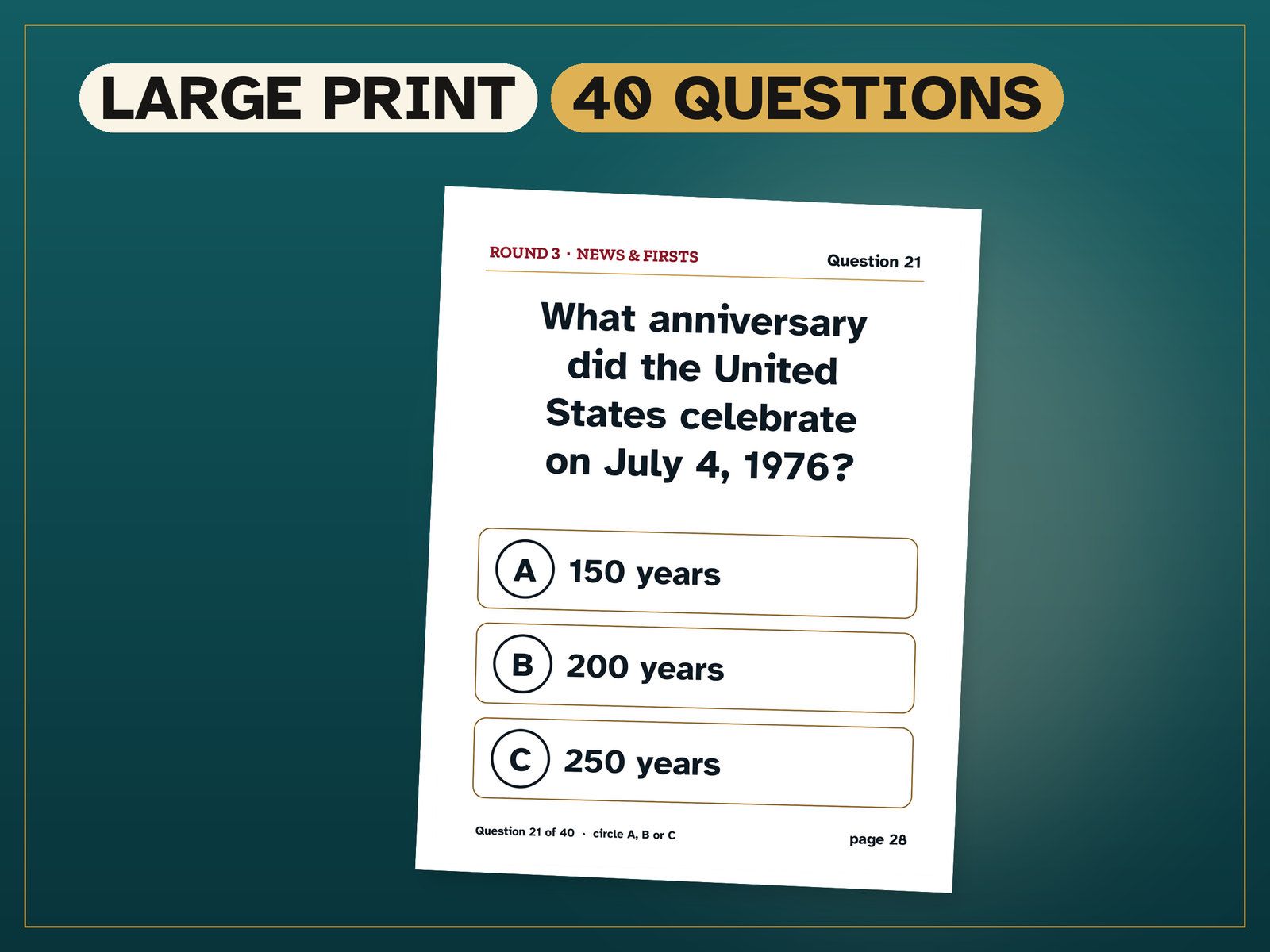 1976 Trivia: Turning 50: a page from the game, on the shop's card