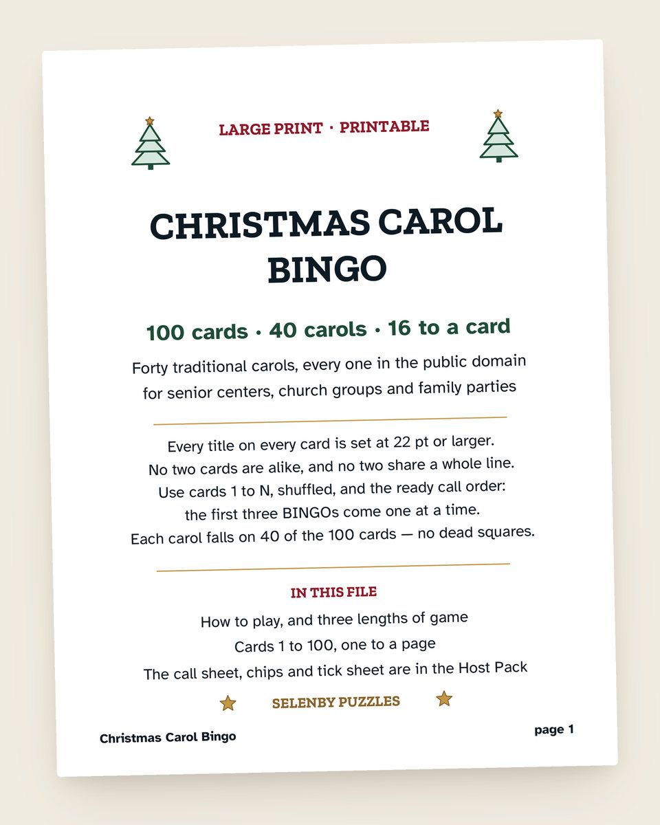 Christmas Carol Bingo: another page from the printable
