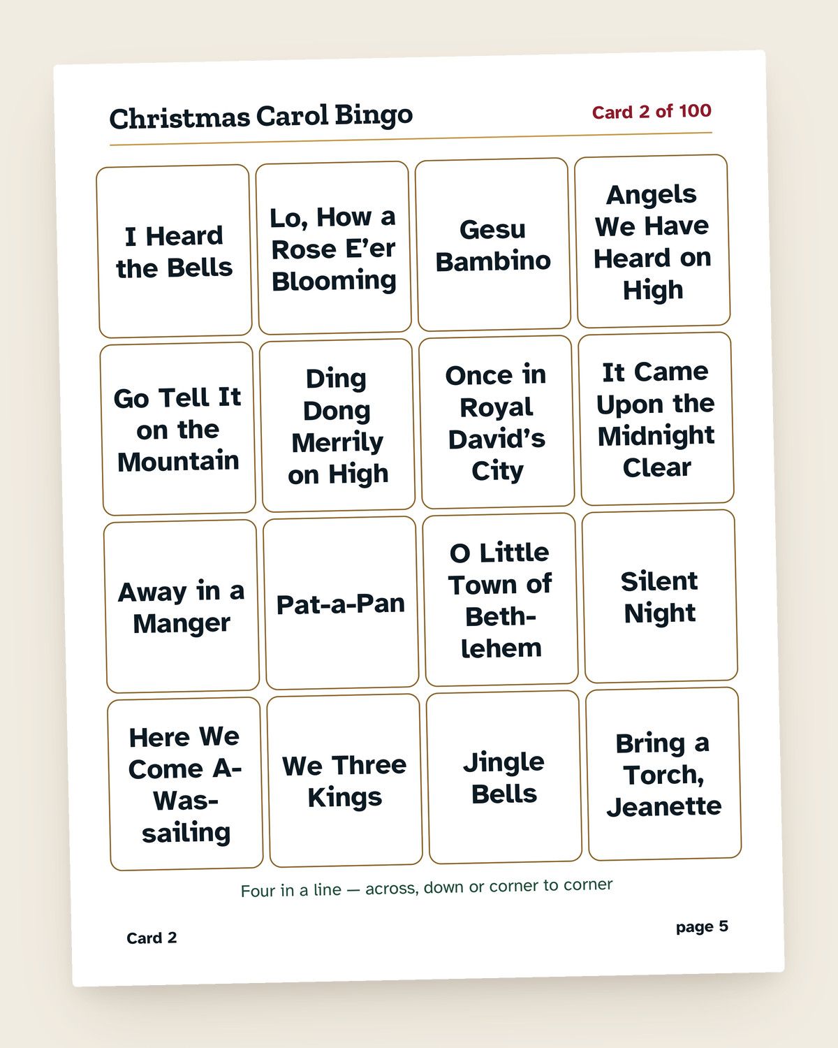 Christmas Carol Bingo: pages from the printable