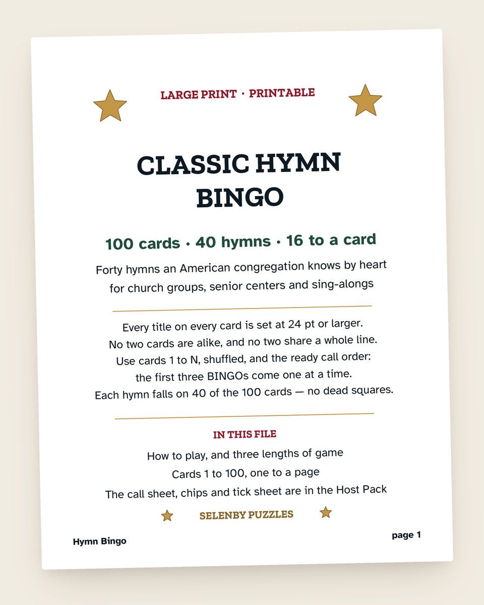 Hymn Bingo: another page from the printable