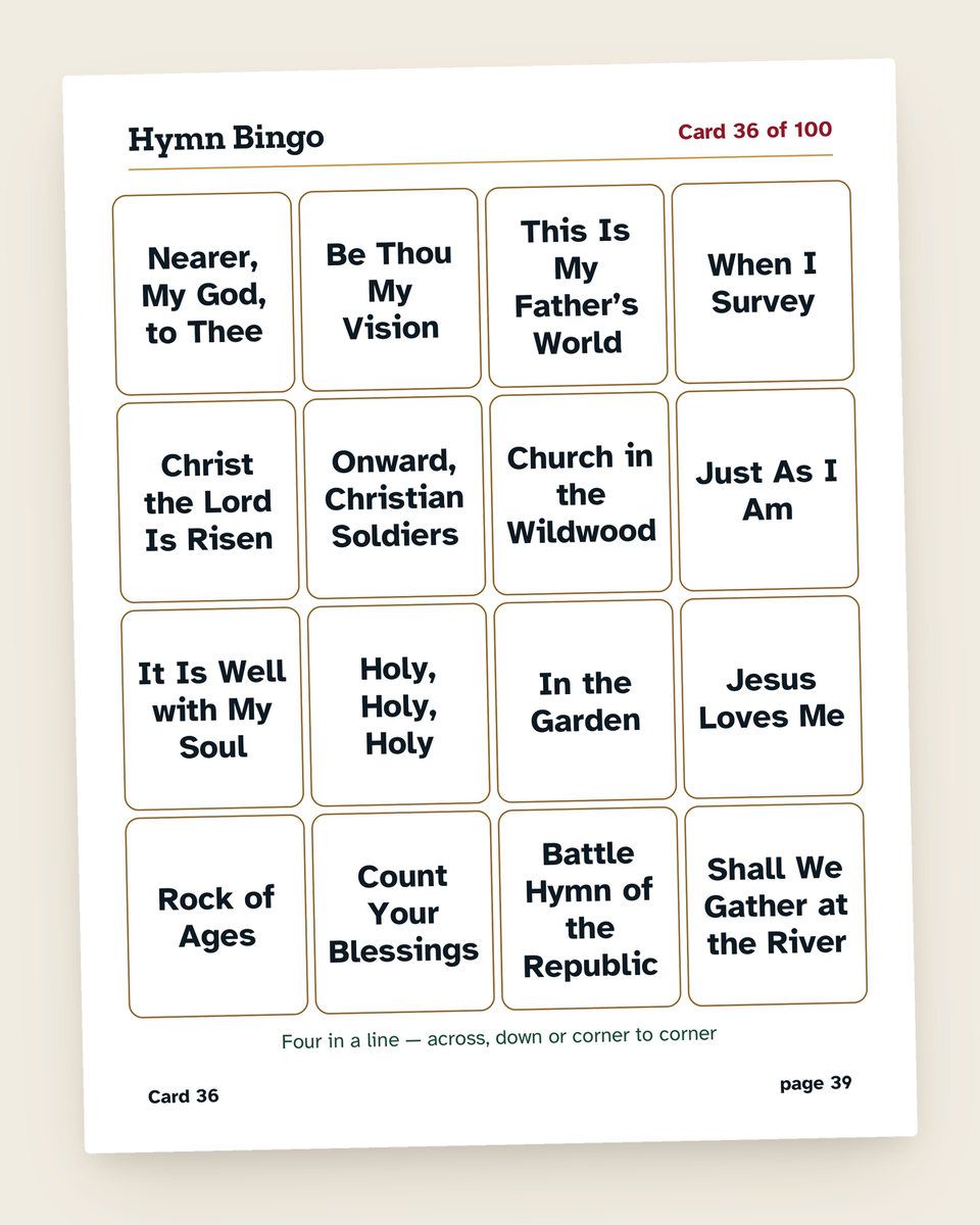 Hymn Bingo: another page from the printable