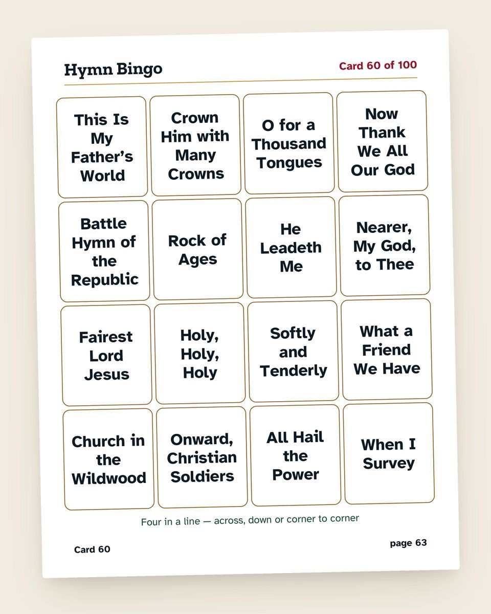 Hymn Bingo: another page from the printable