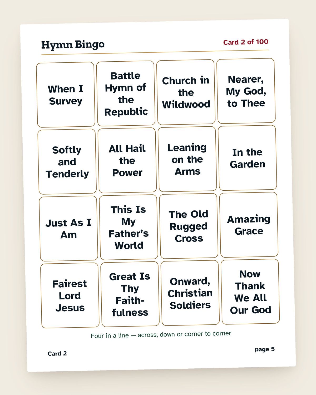 Hymn Bingo: a page from the printable