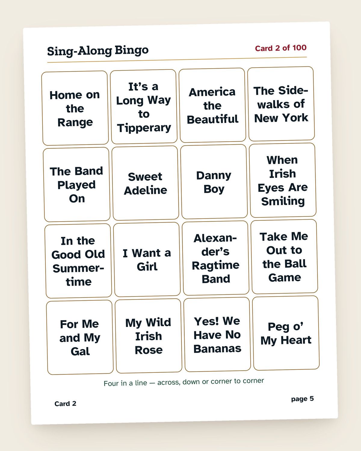 Sing-Along Bingo: a page from the printable