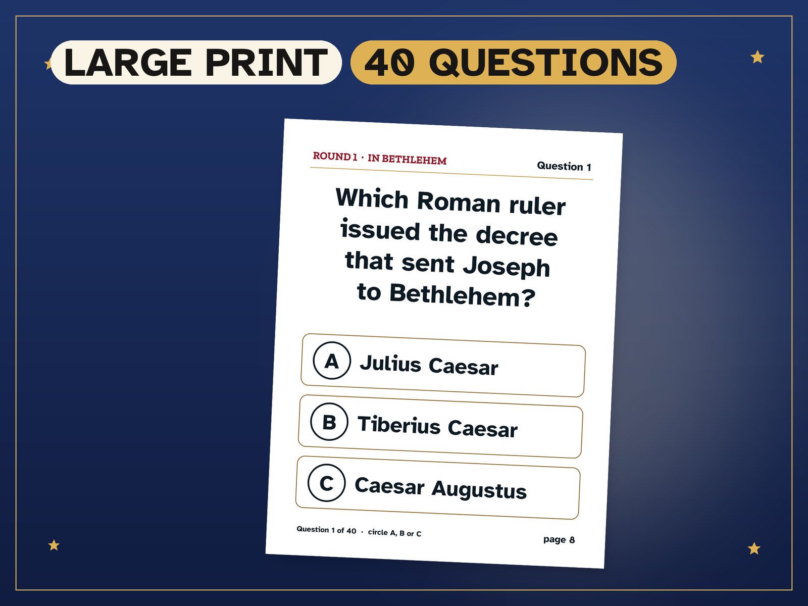 Christmas Bible Quiz: a real page from the printable