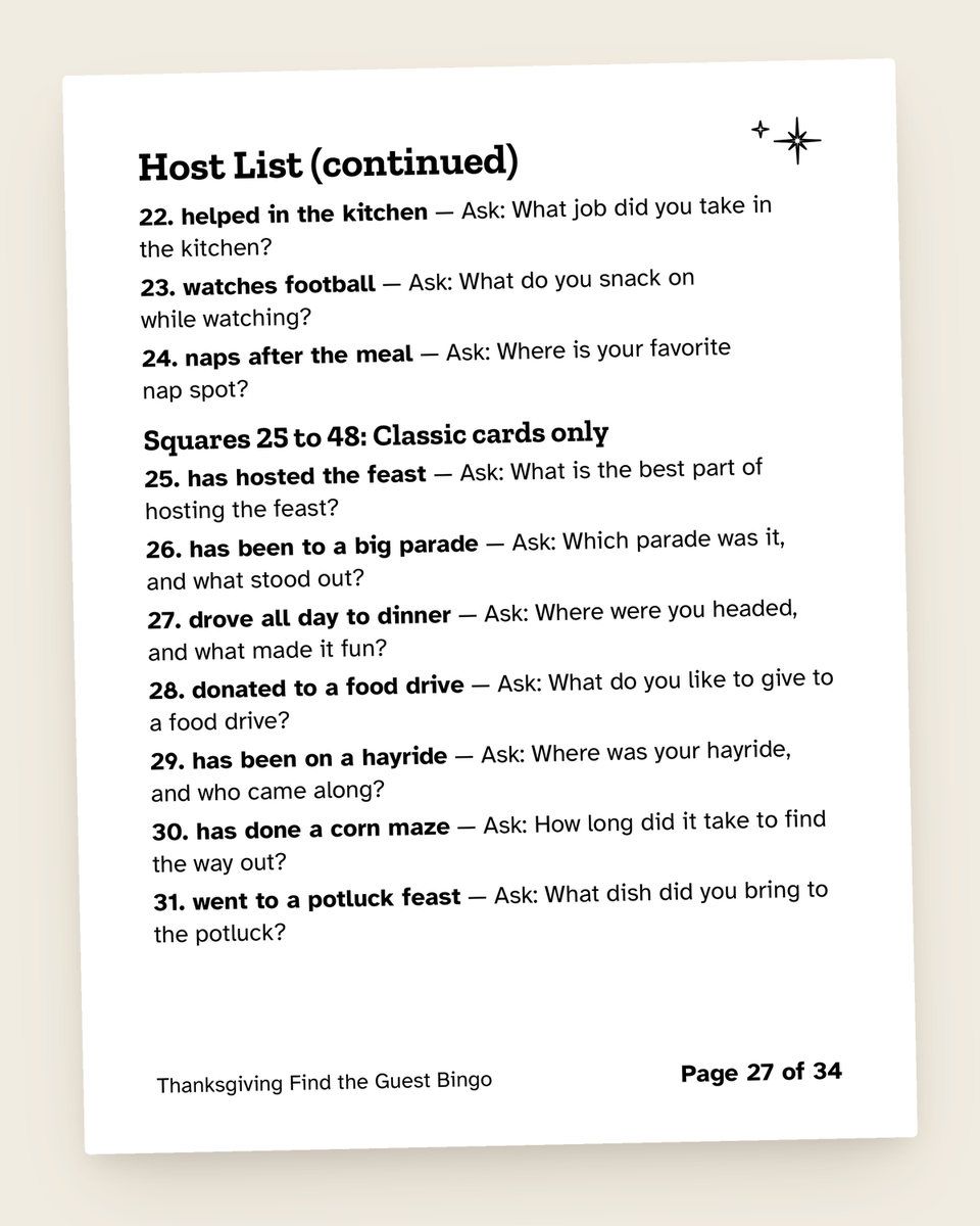 Thanksgiving Find the Guest Bingo: another page from the printable