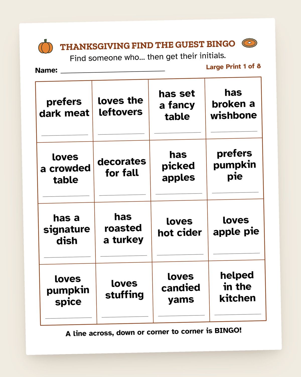 Thanksgiving Find the Guest Bingo: a page from the printable