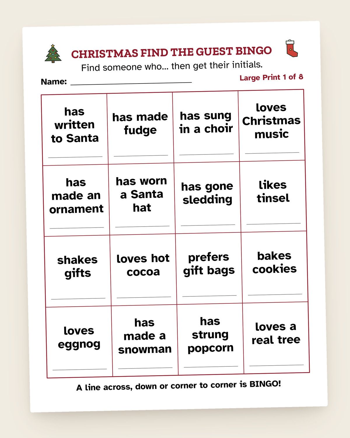 Christmas Find the Guest Bingo: pages from the printable