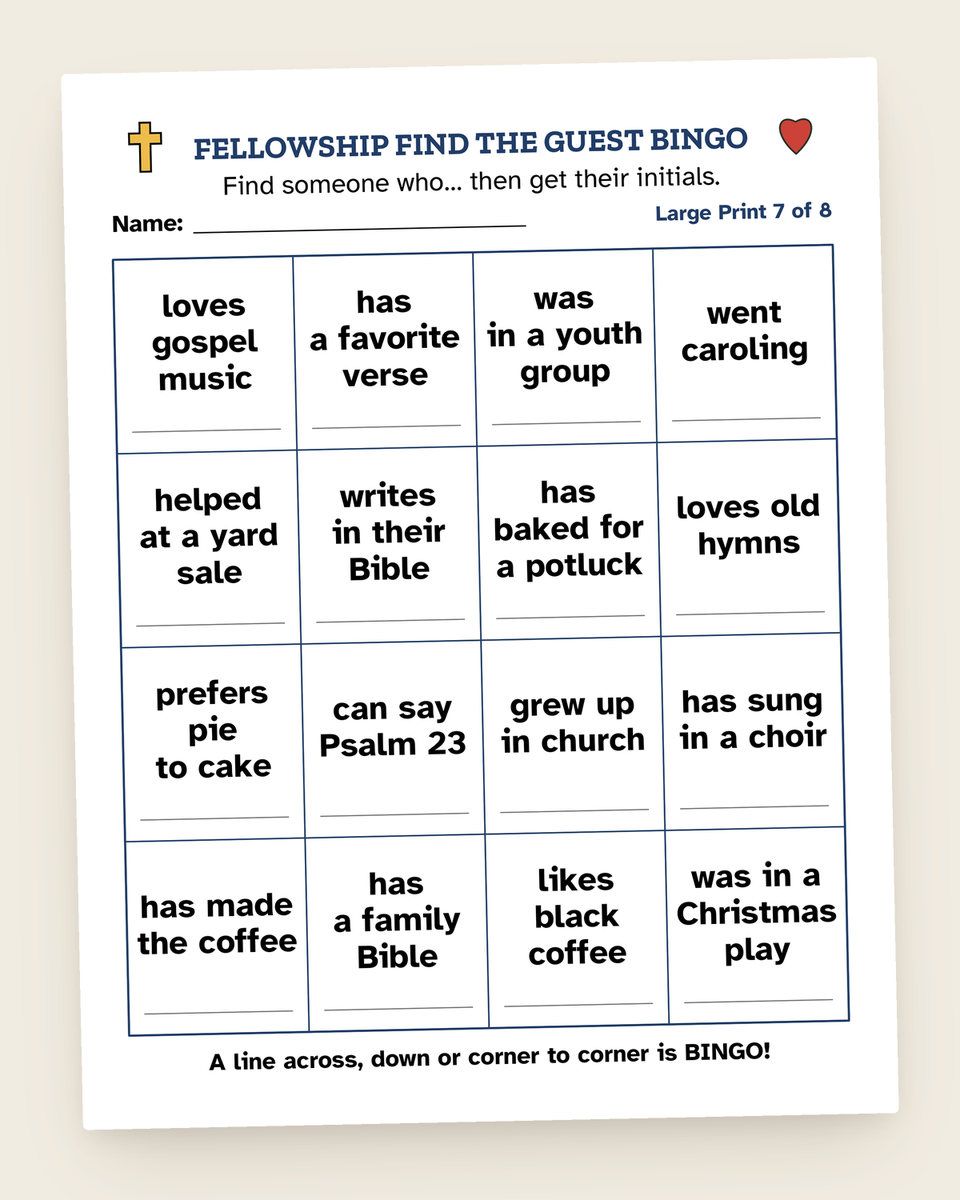 Church Fellowship Find the Guest Bingo: another page from the printable