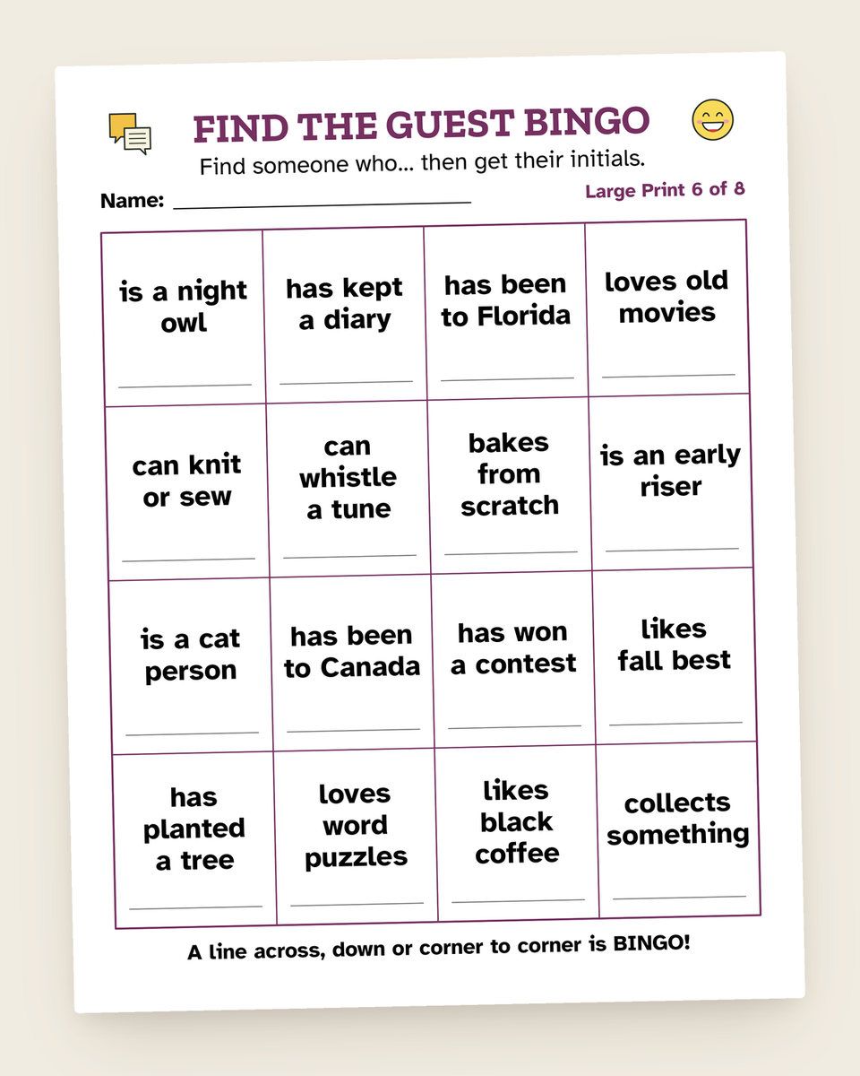 Find the Guest Bingo: another page from the printable