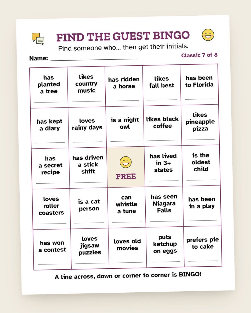 Find the Guest Bingo: another page from the printable