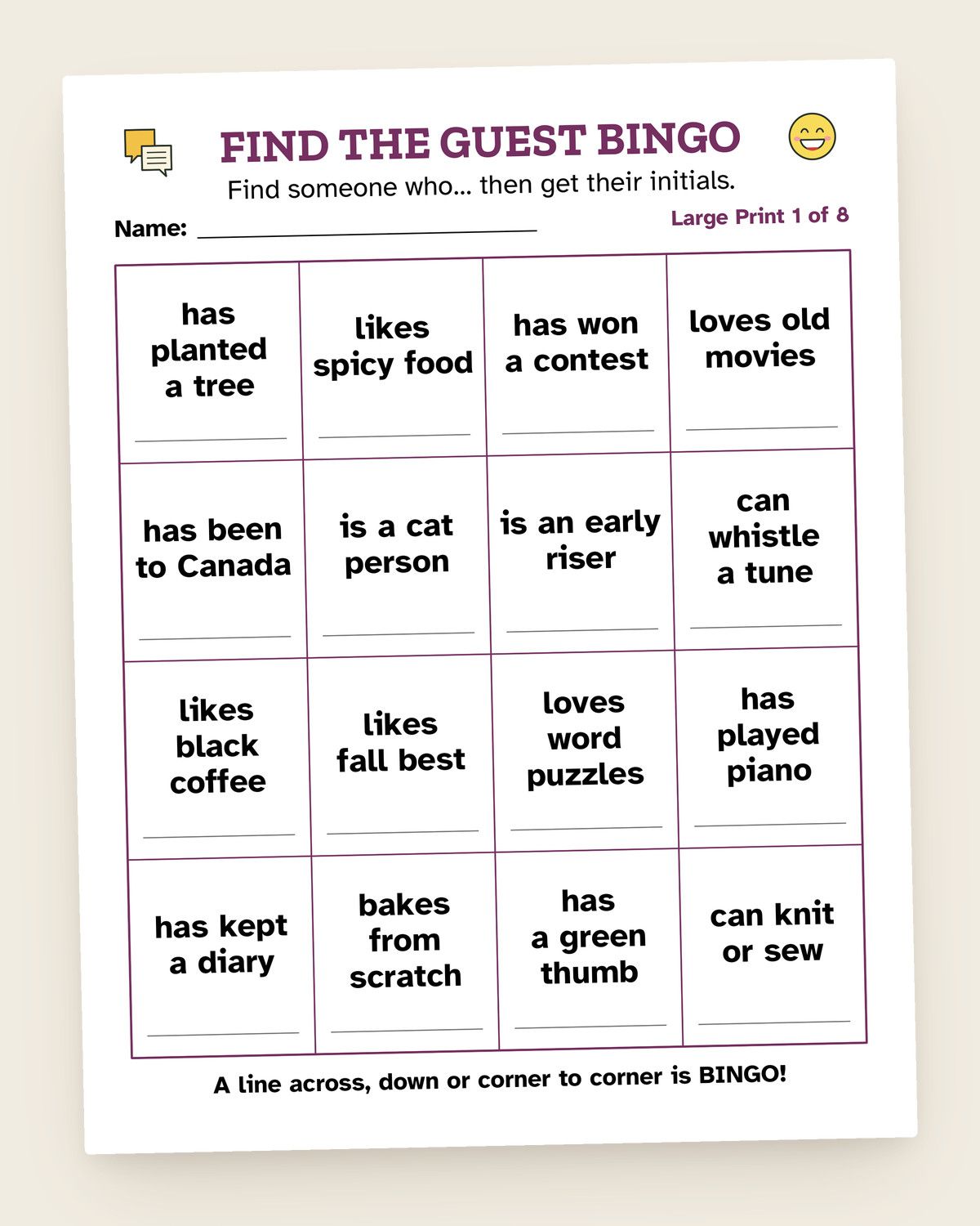 Find the Guest Bingo: a page from the printable
