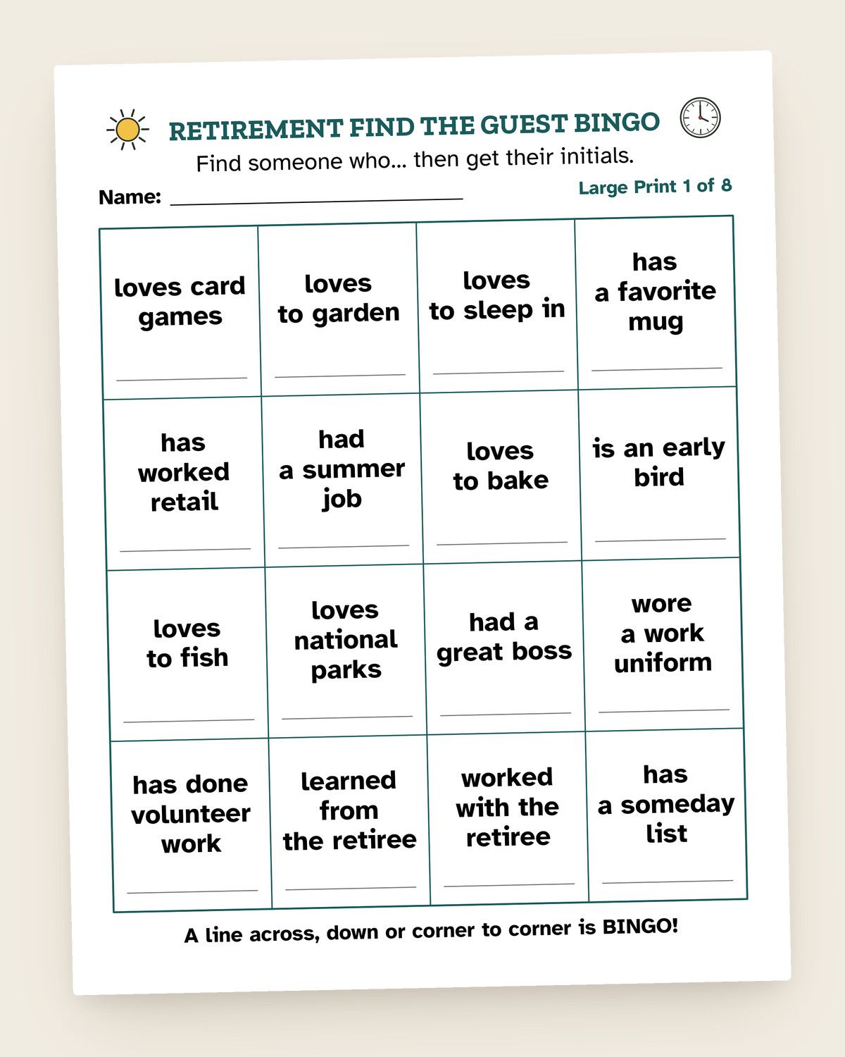 Retirement Party Games: a page from the printable