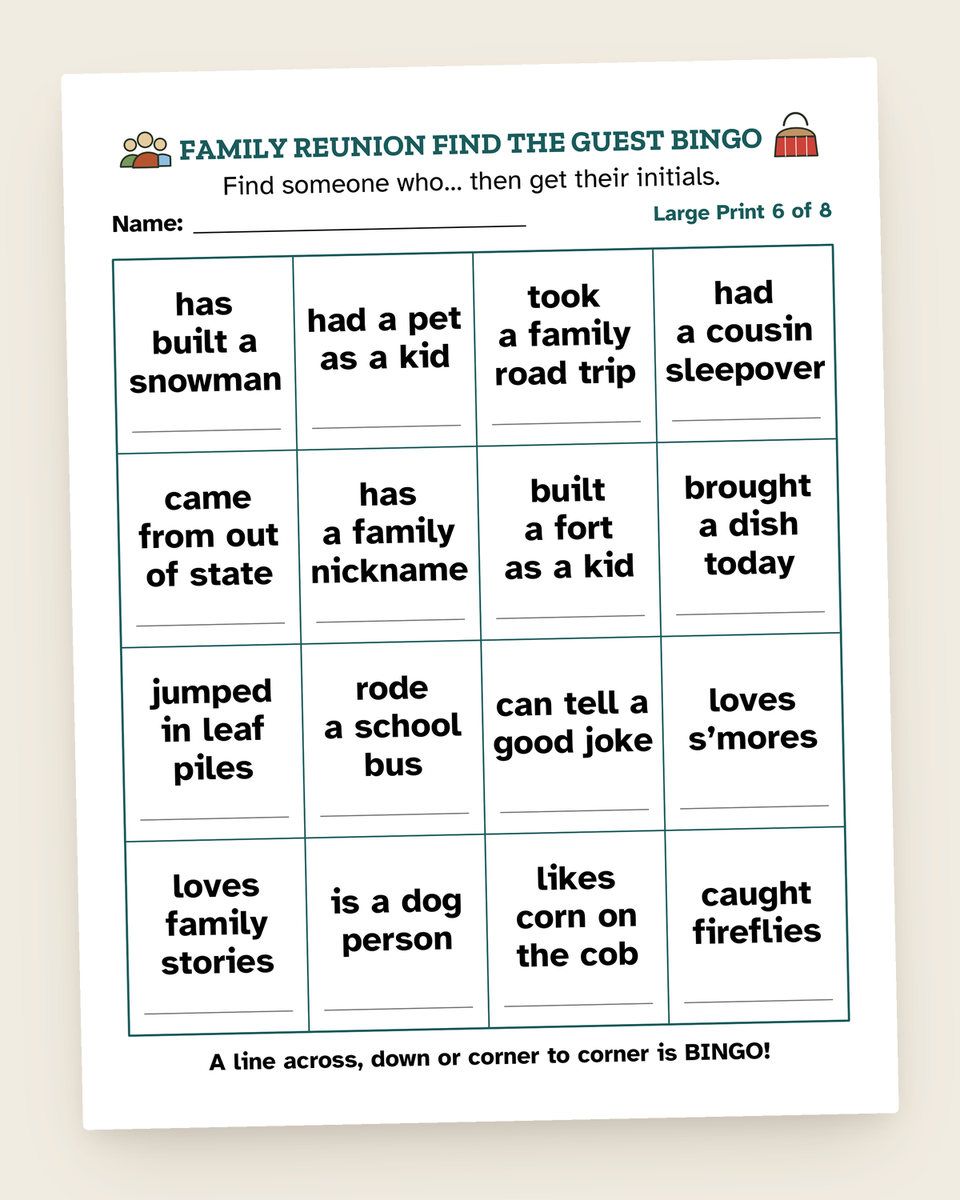 Family Reunion Find the Guest Bingo: another page from the printable