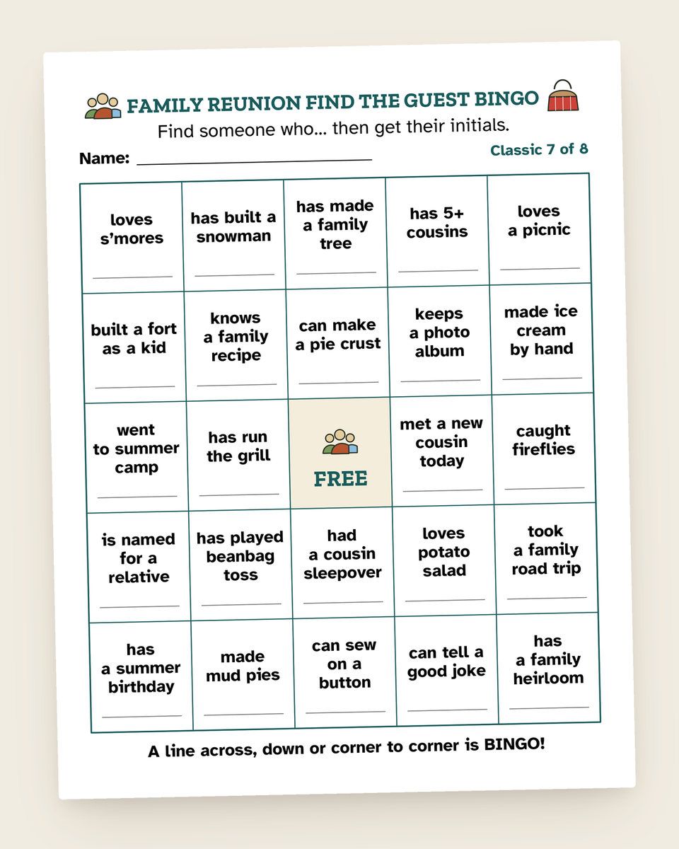 Family Reunion Find the Guest Bingo: another page from the printable