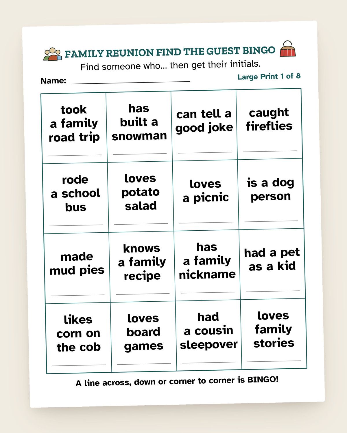 Family Reunion Find the Guest Bingo: pages from the printable