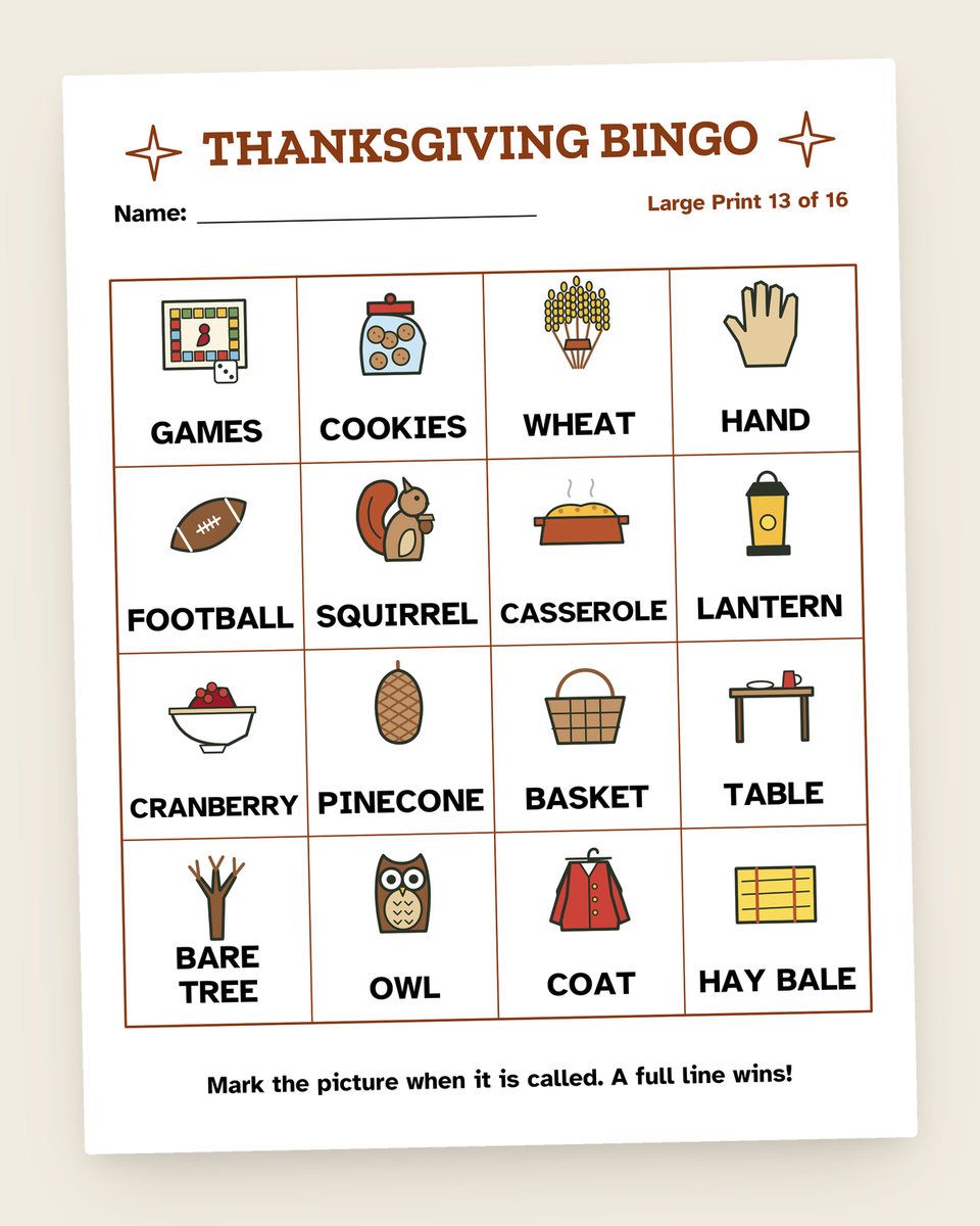 Thanksgiving Picture Bingo: another page from the printable
