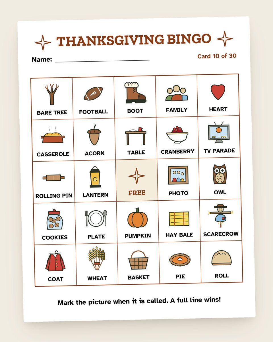 Thanksgiving Picture Bingo: another page from the printable
