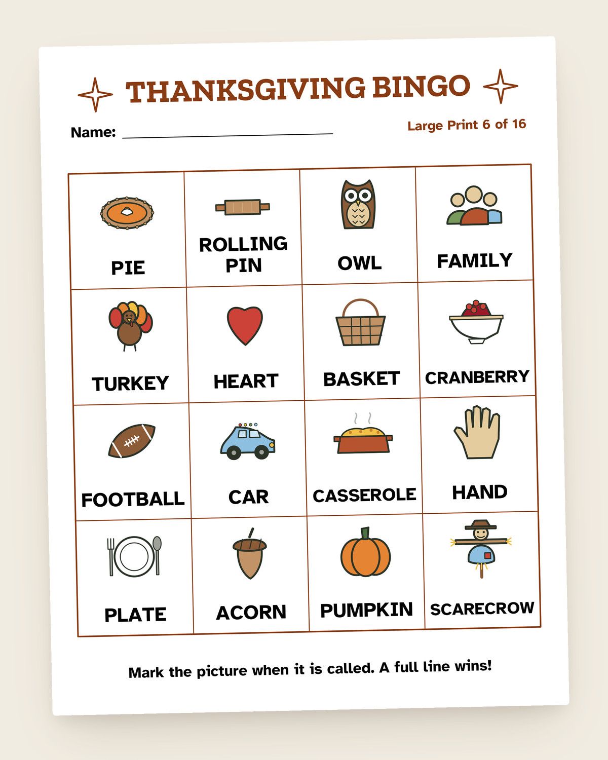 Thanksgiving Picture Bingo: a page from the printable