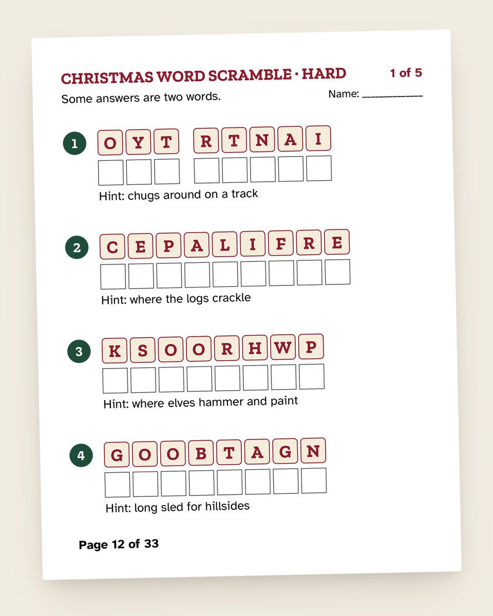 Christmas Word Scramble: another page from the printable