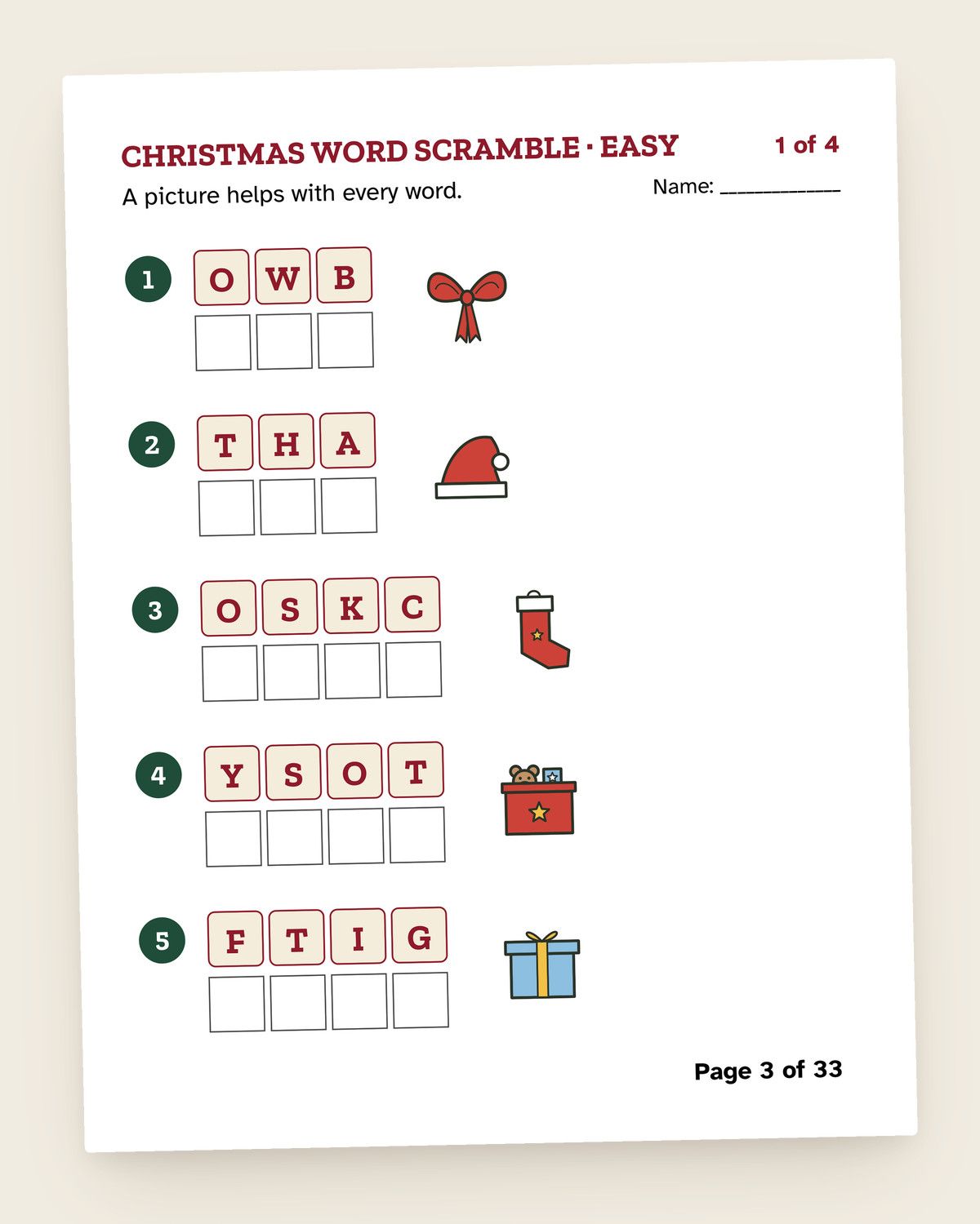 Christmas Word Scramble: a page from the printable