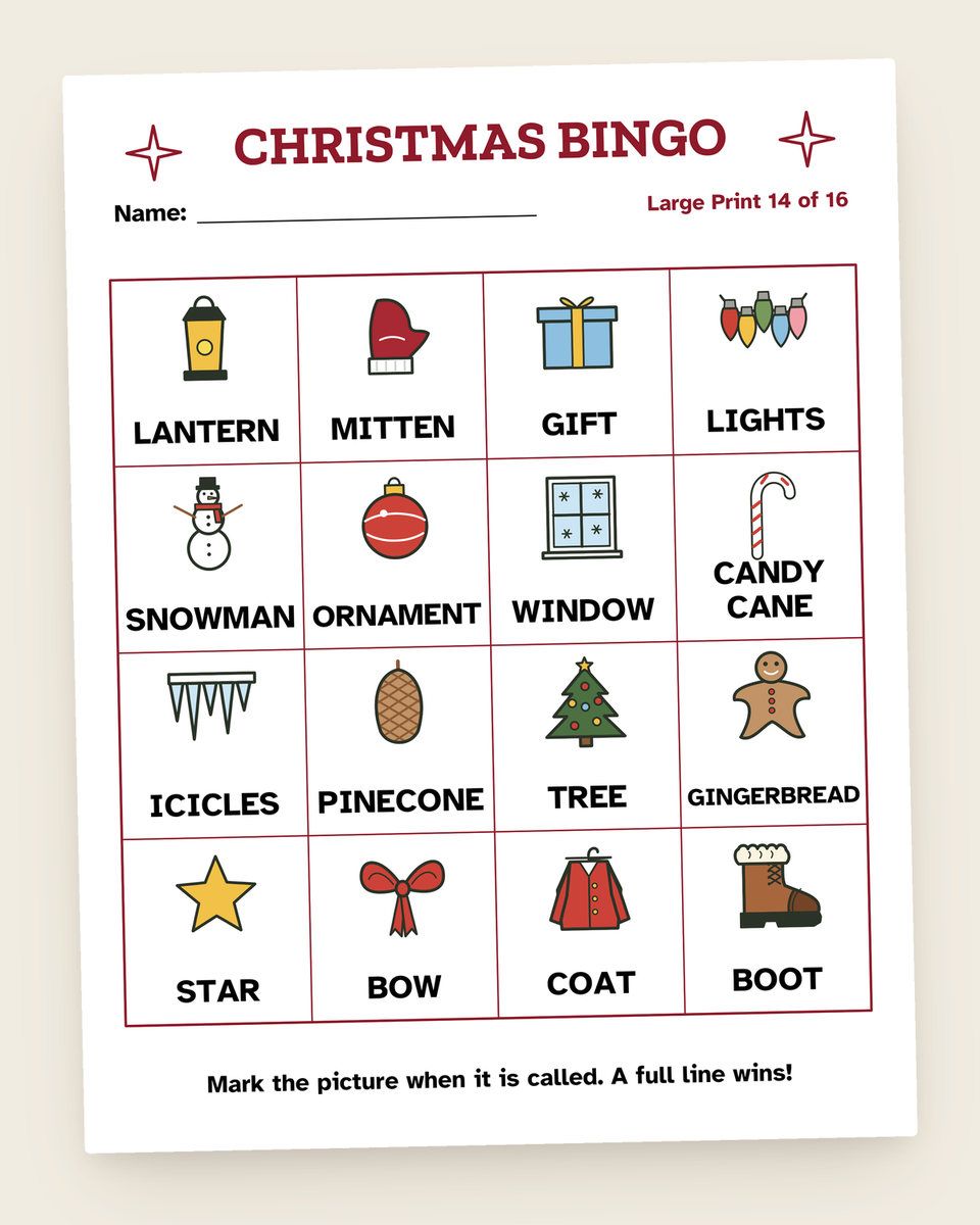 Christmas Picture Bingo: another page from the printable