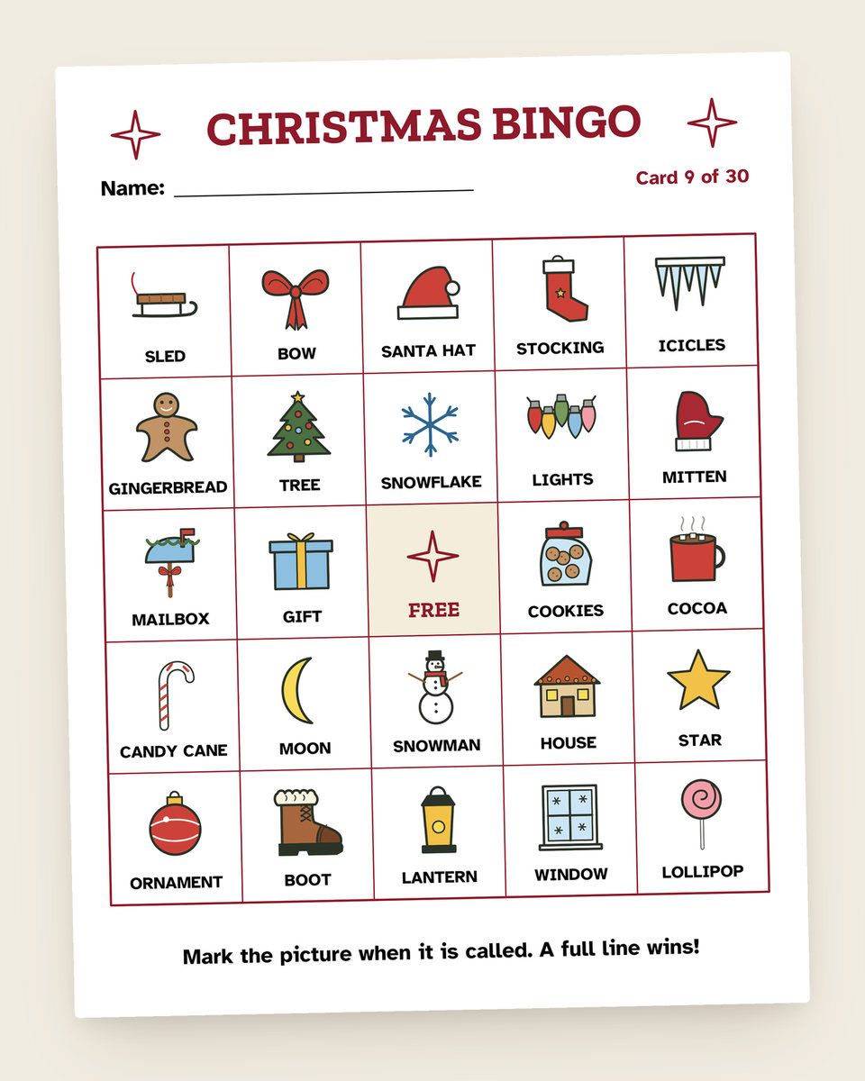 Christmas Picture Bingo: another page from the printable