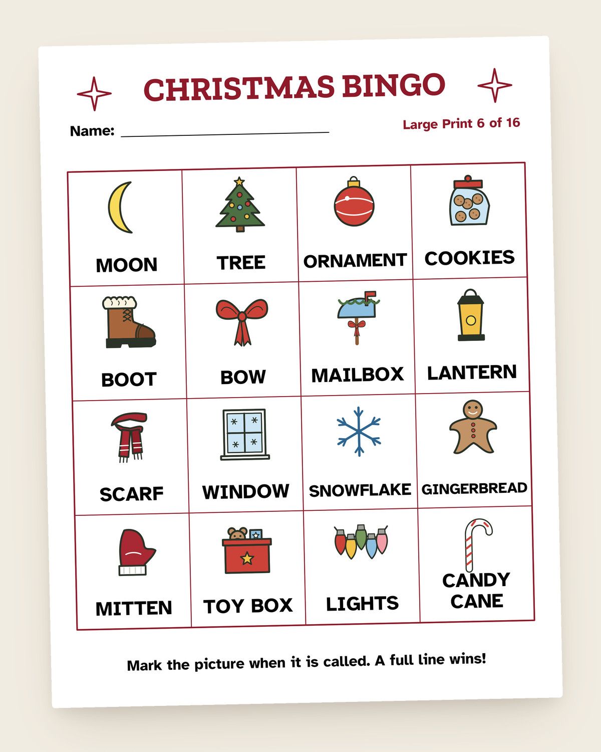 Christmas Picture Bingo: a page from the printable