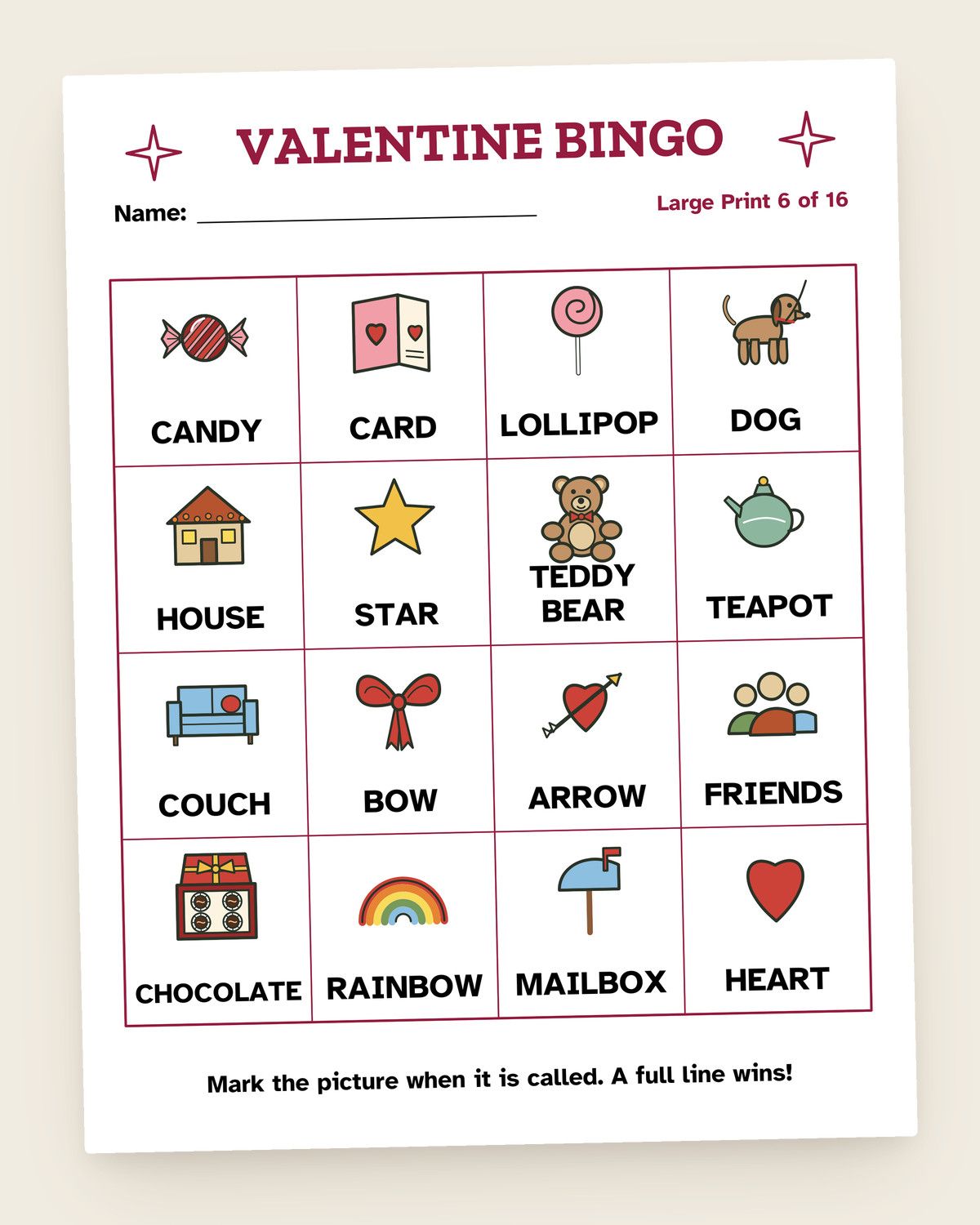 Valentine Picture Bingo: pages from the printable