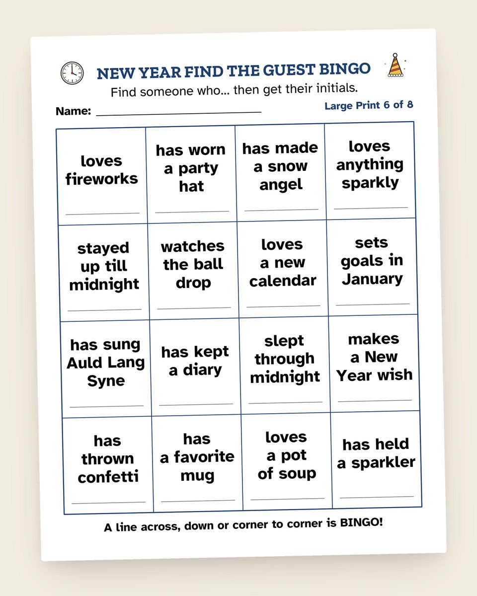 New Year’s Eve Find the Guest Bingo: another page from the printable