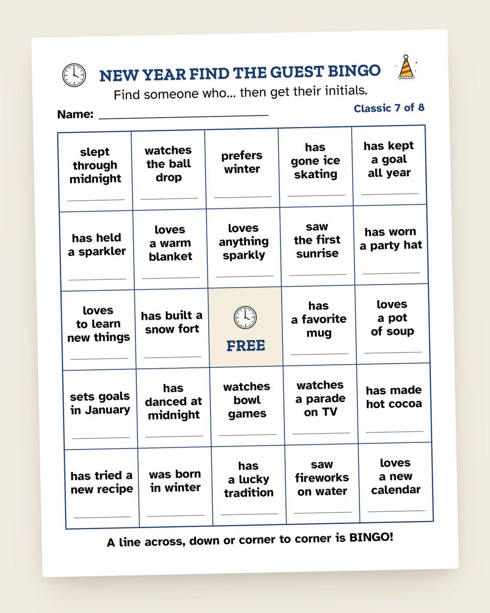 New Year’s Eve Find the Guest Bingo: another page from the printable