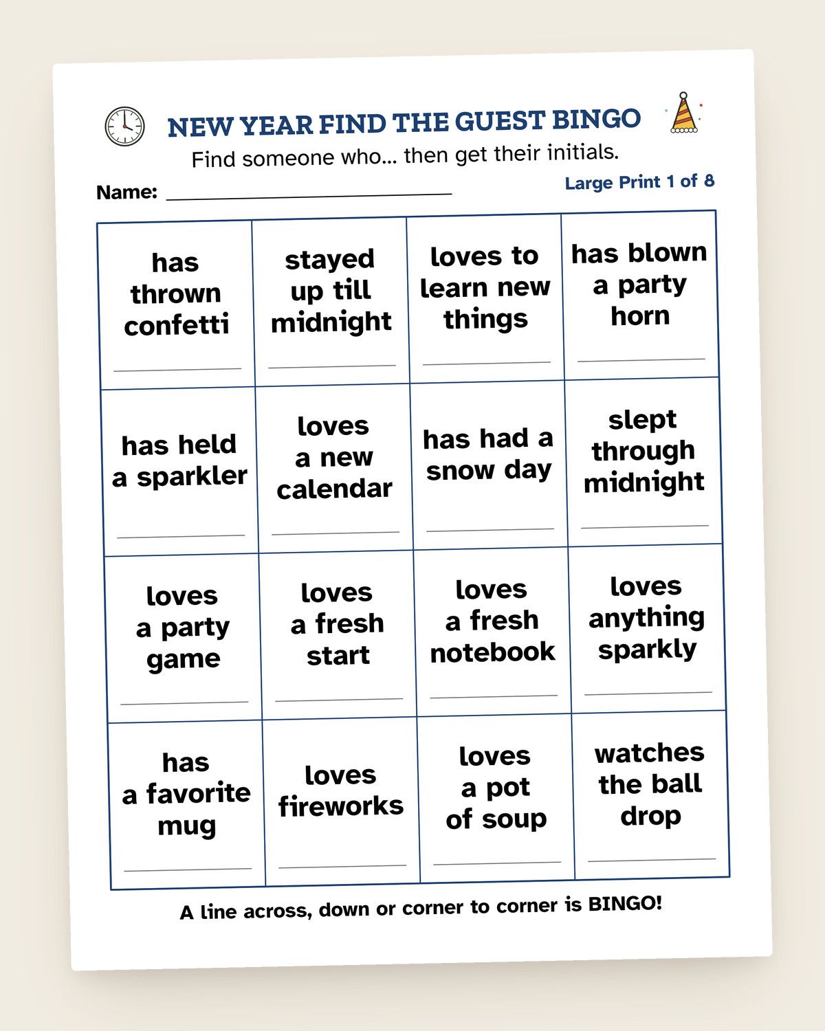 New Year’s Eve Find the Guest Bingo: pages from the printable