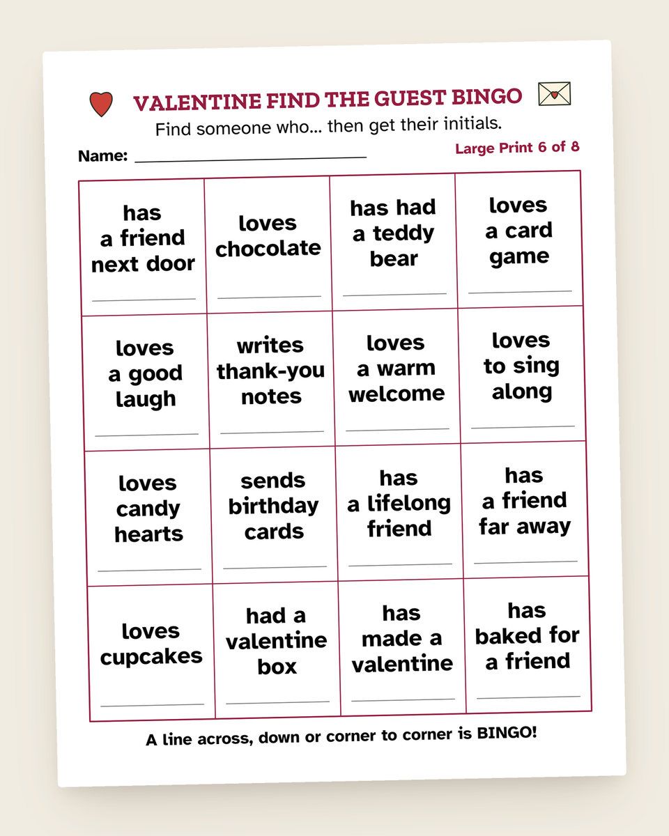 Valentine Find the Guest Bingo: another page from the printable
