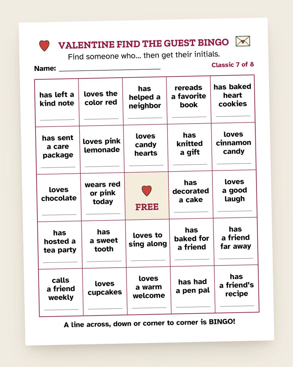 Valentine Find the Guest Bingo: another page from the printable