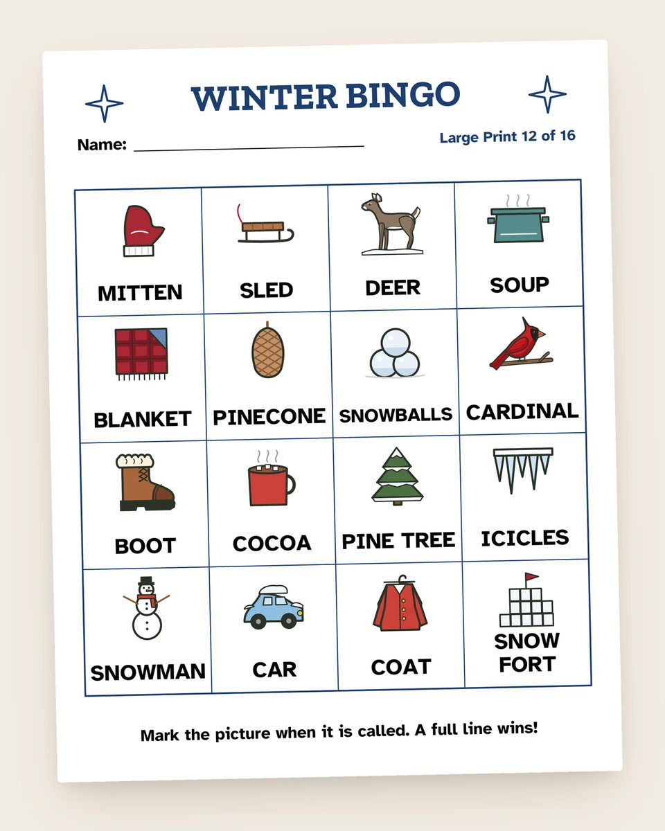 Winter Picture Bingo: another page from the printable