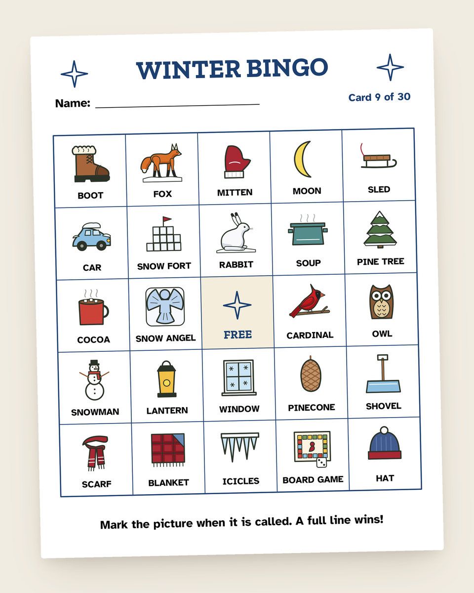 Winter Picture Bingo: another page from the printable
