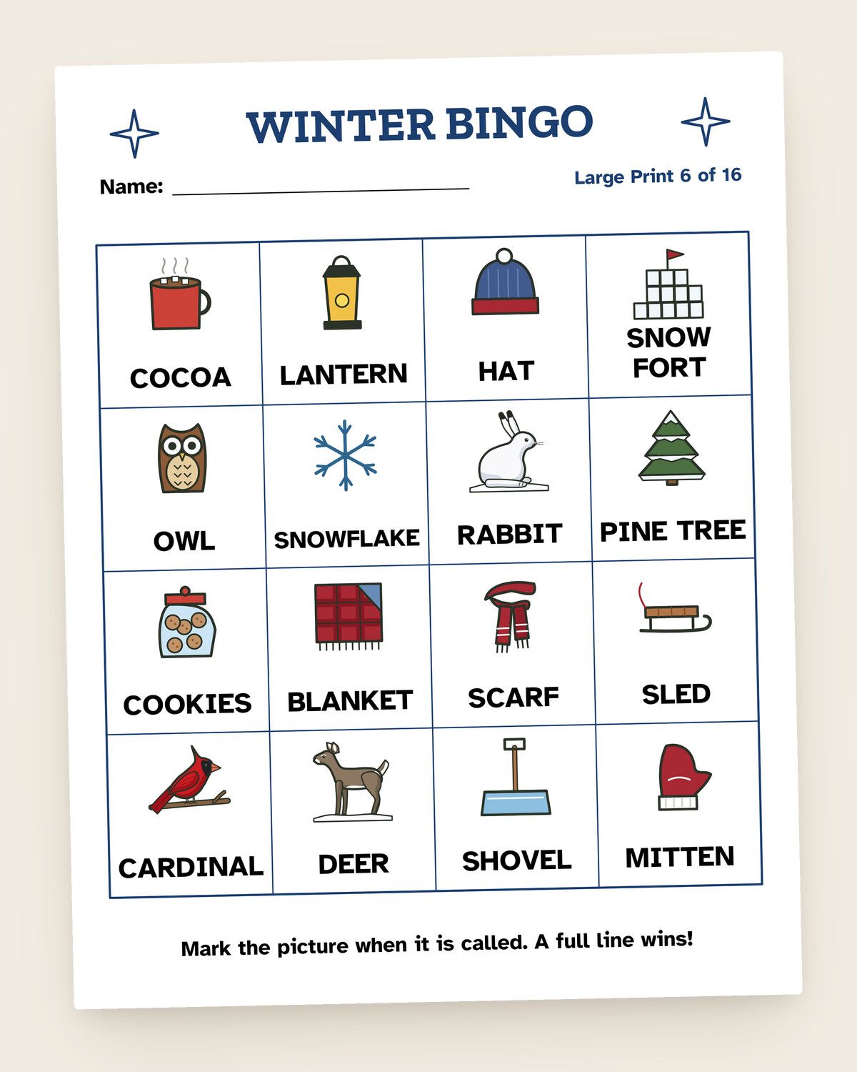 Winter Picture Bingo: pages from the printable