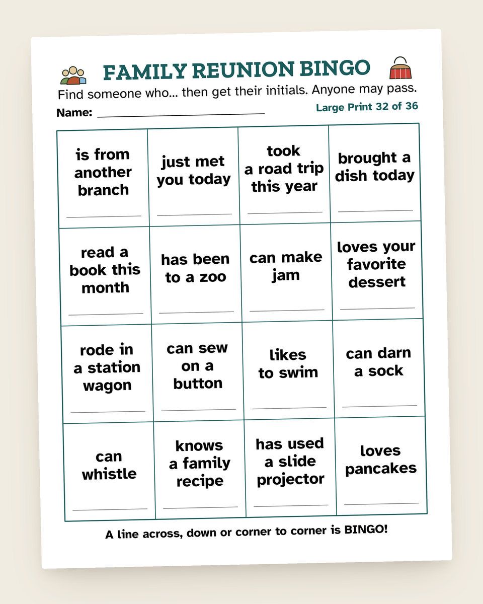 Family Reunion Bingo: another page from the printable