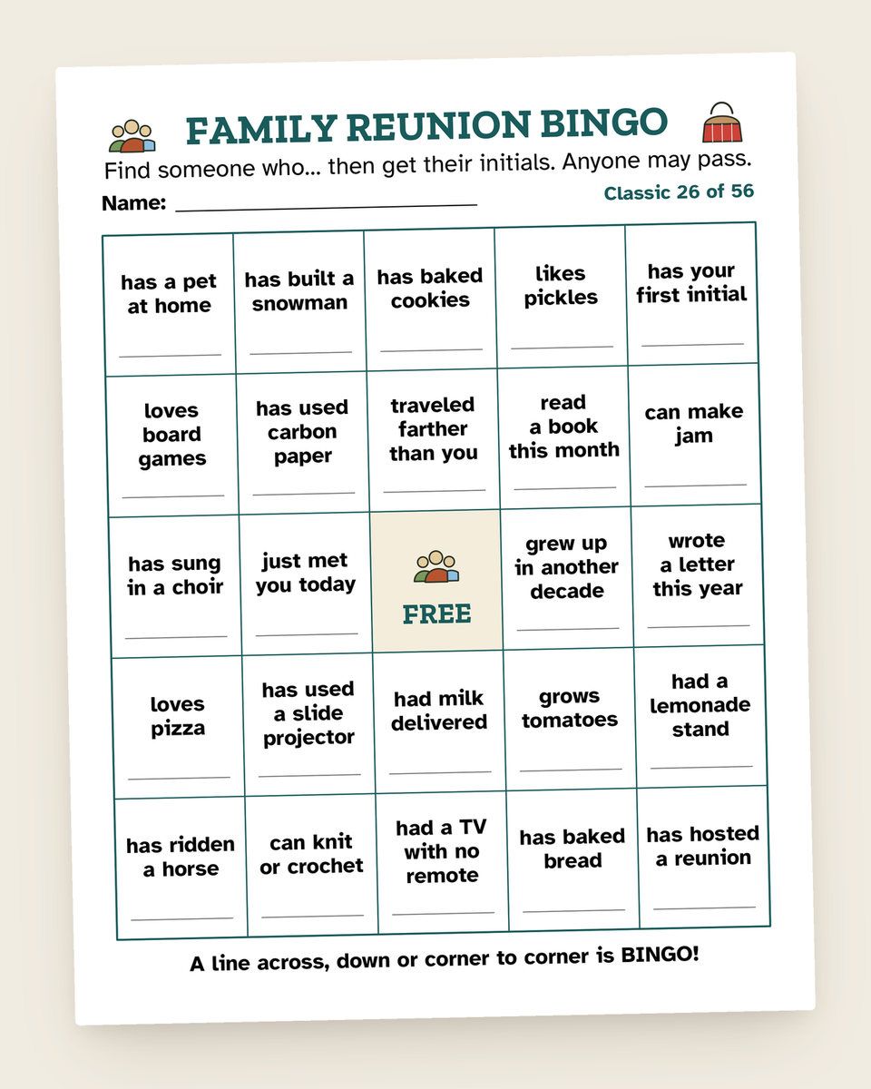 Family Reunion Bingo: another page from the printable