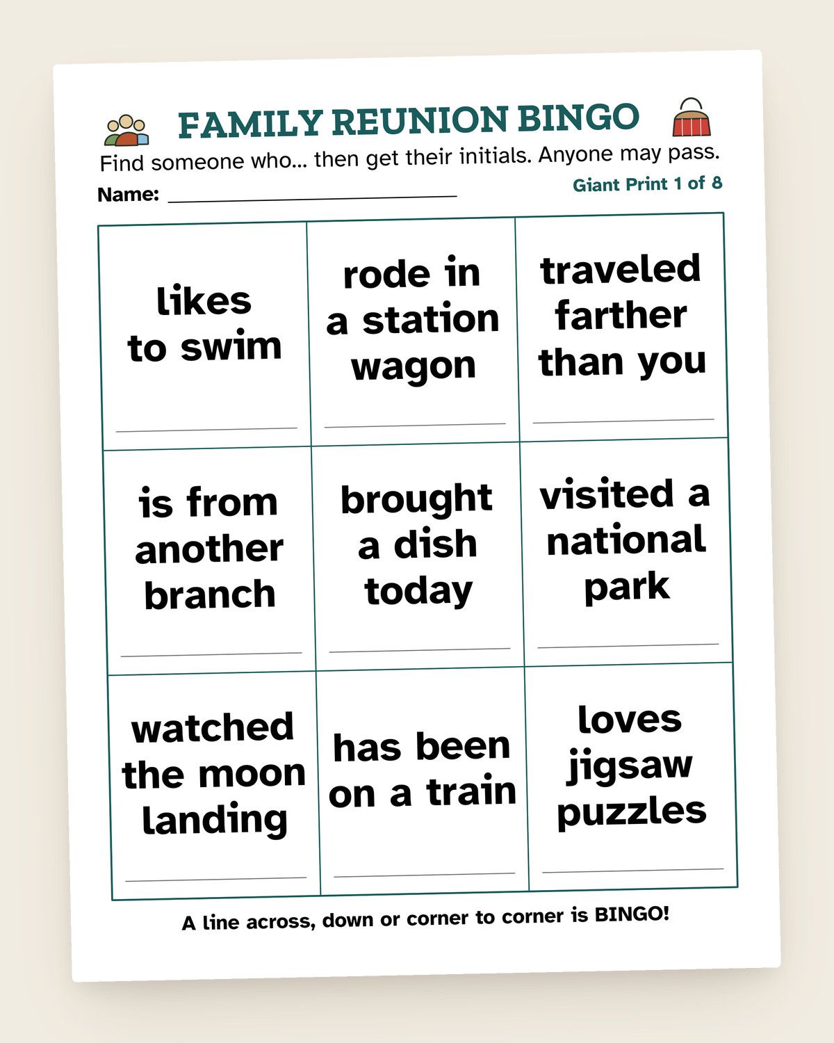 Family Reunion Bingo: a page from the printable