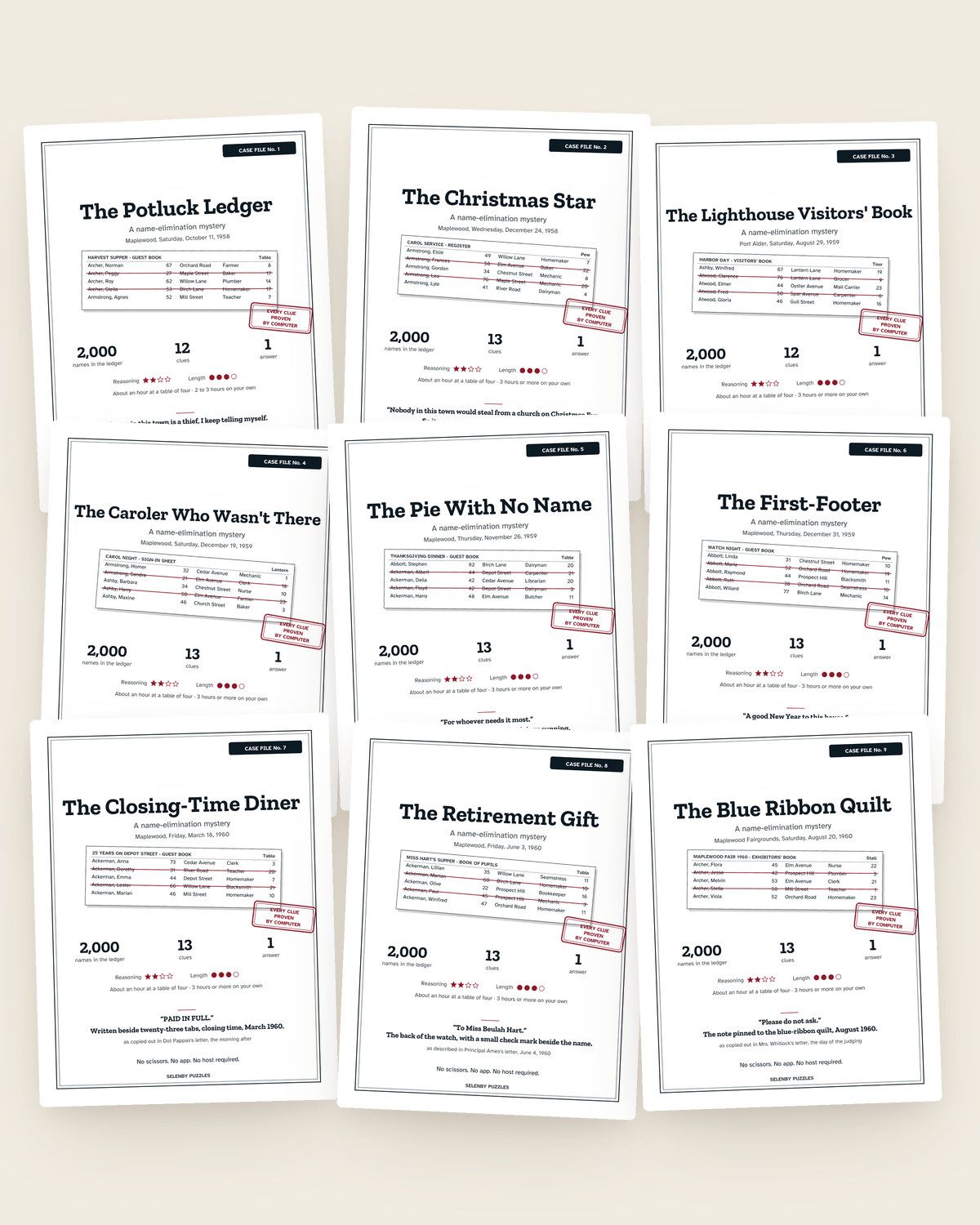 All Nine Cases: a page from the printable