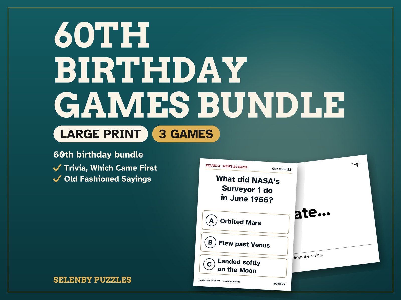 60th Birthday Games Bundle: the showcase, with a real page from the printable