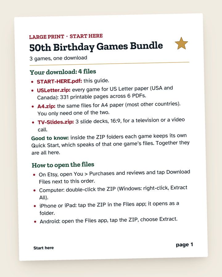 50th Birthday Games Bundle: a page from the printable